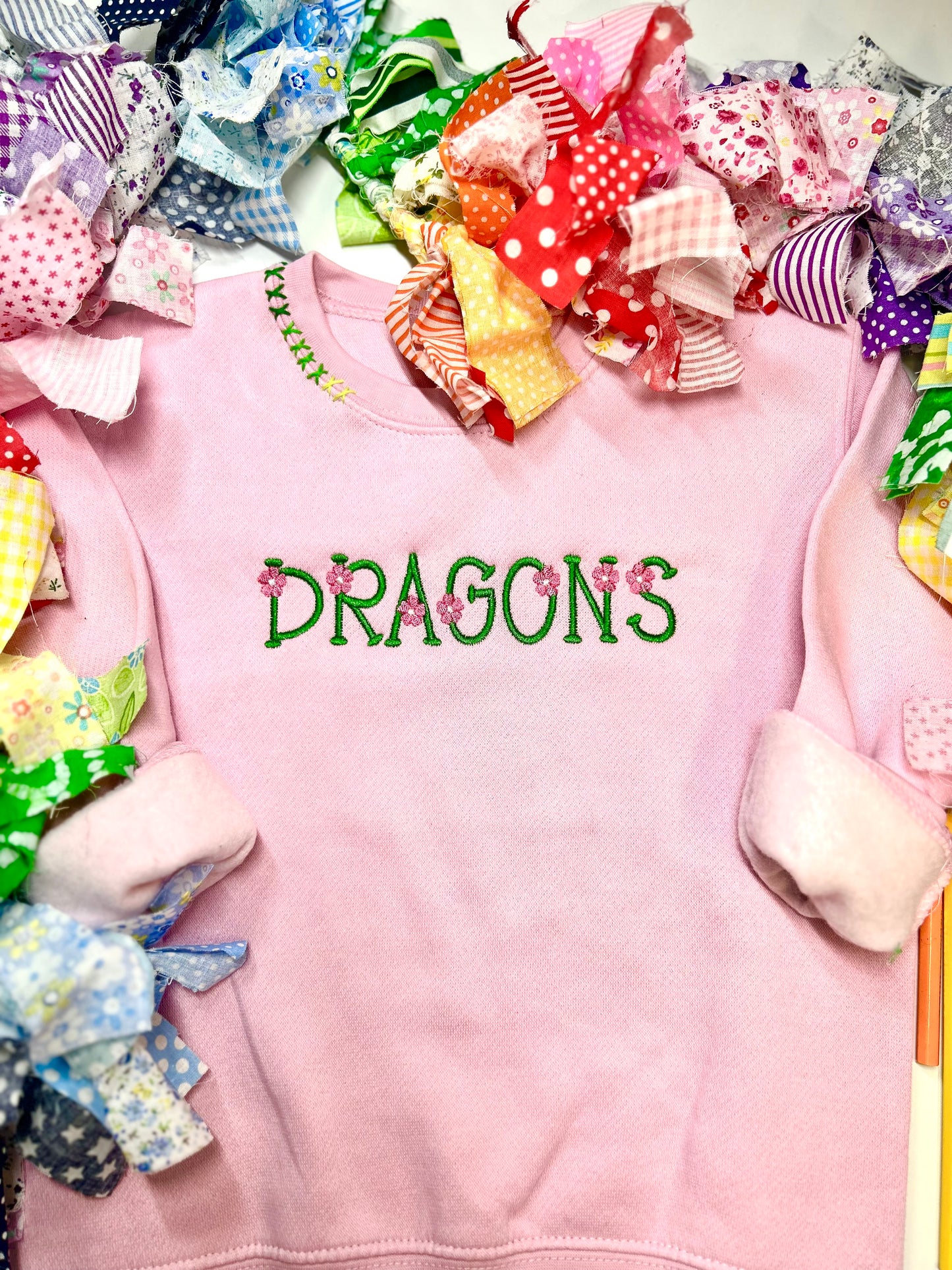 Flower Font Sweatshirt with Hand-Embroidered Neckline
