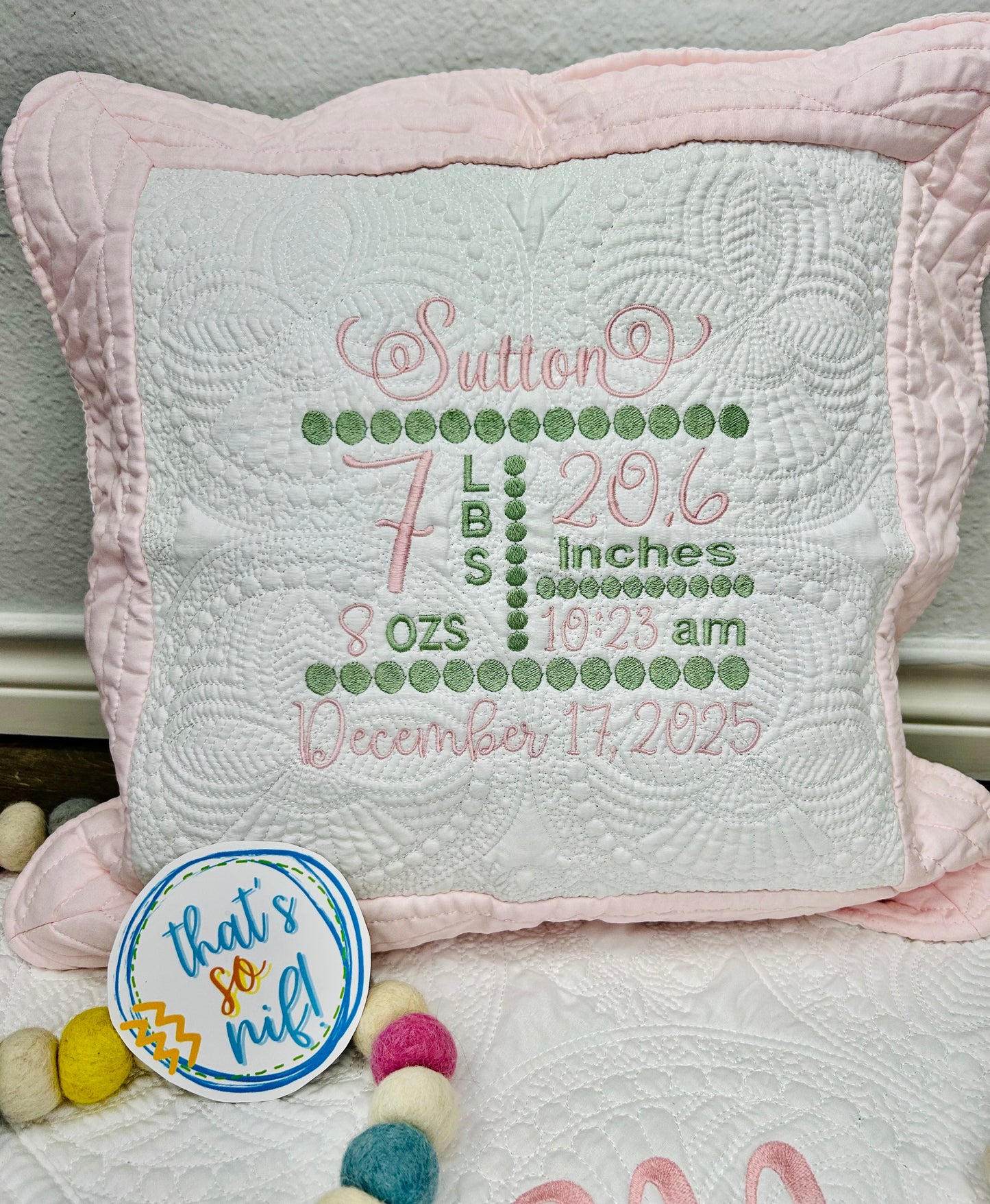 Quilted Birth stat Pillow