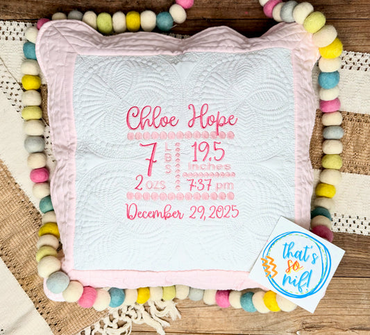 Quilted Birth stat Pillow