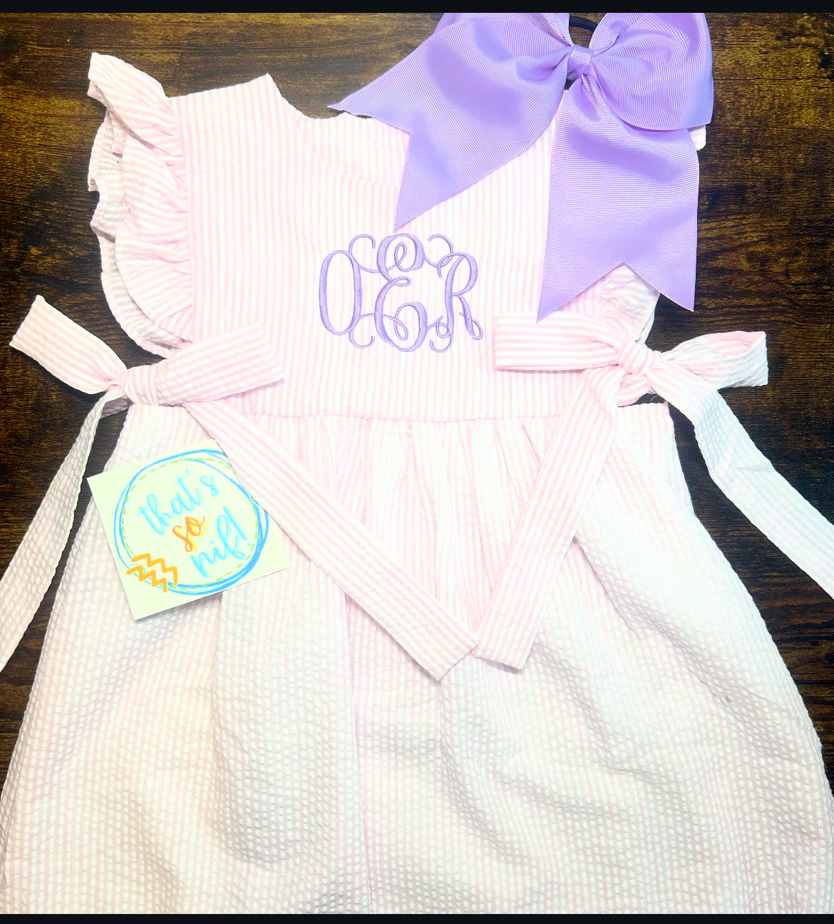 Side-tie Seersucker Dress with Monogram