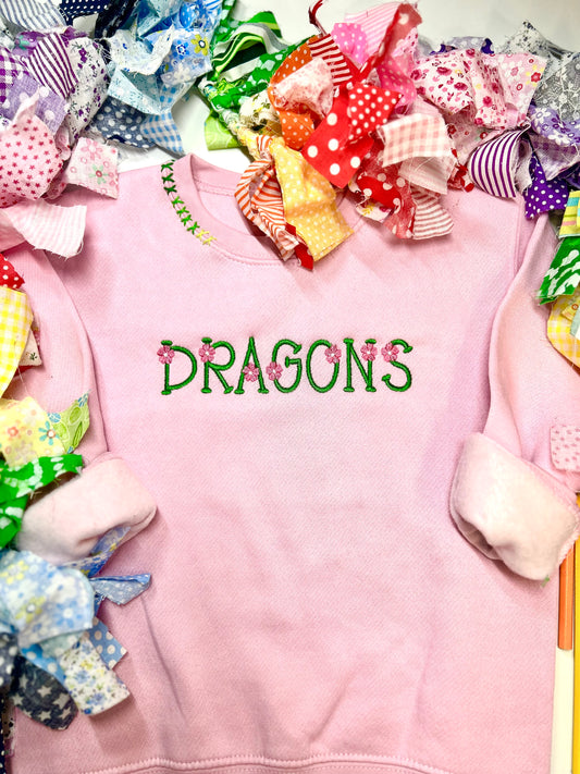Flower Font Sweatshirt with Hand-Embroidered Neckline