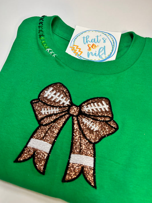 Glitter Football Bow T-shirt with Hand-Embroidered Neckline